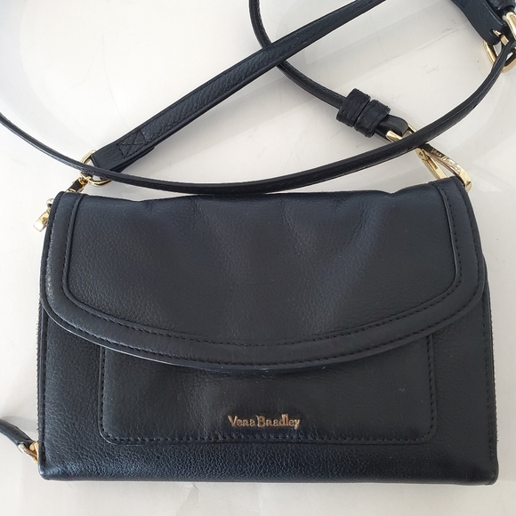 VERA BRADLEY Black Leather Crossbody Zip Wallet Handbag Floral Lining Pockets A+ - Picture 16 of 16